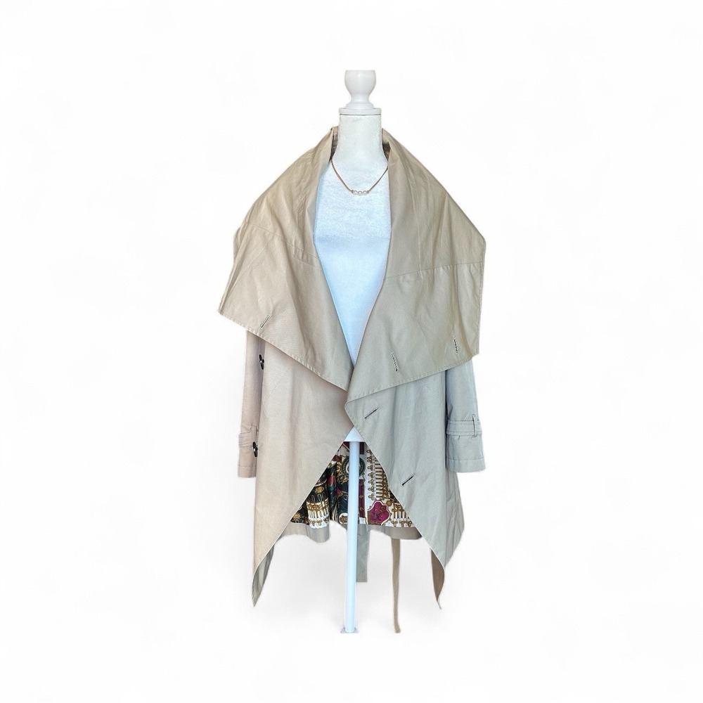 VTG L'Sully Made in Japan Trench Coat Beige Draped Collar Parisian Chic Size 38